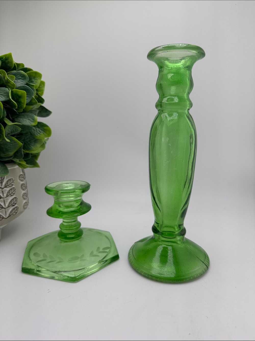 Vintage Green Depression Glass Candlestick Holders 1 Etched Floral Uranium Style